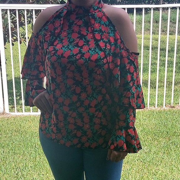 Floral Print Ruffle Cold Shoulder Blouse Green Size L - Picture 5 of 14